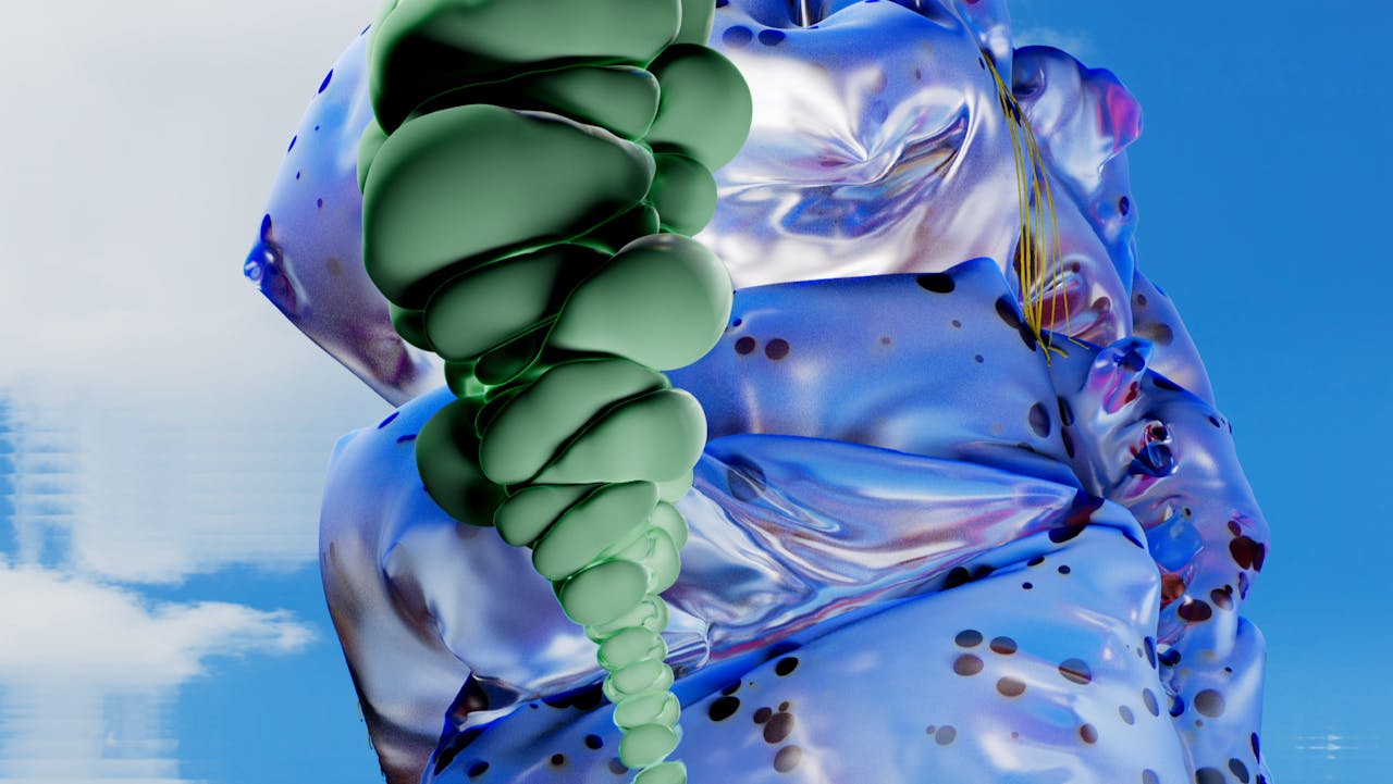 Services-03 Vibrant 3D abstract artwork showcasing metallic textures against a clear sky.