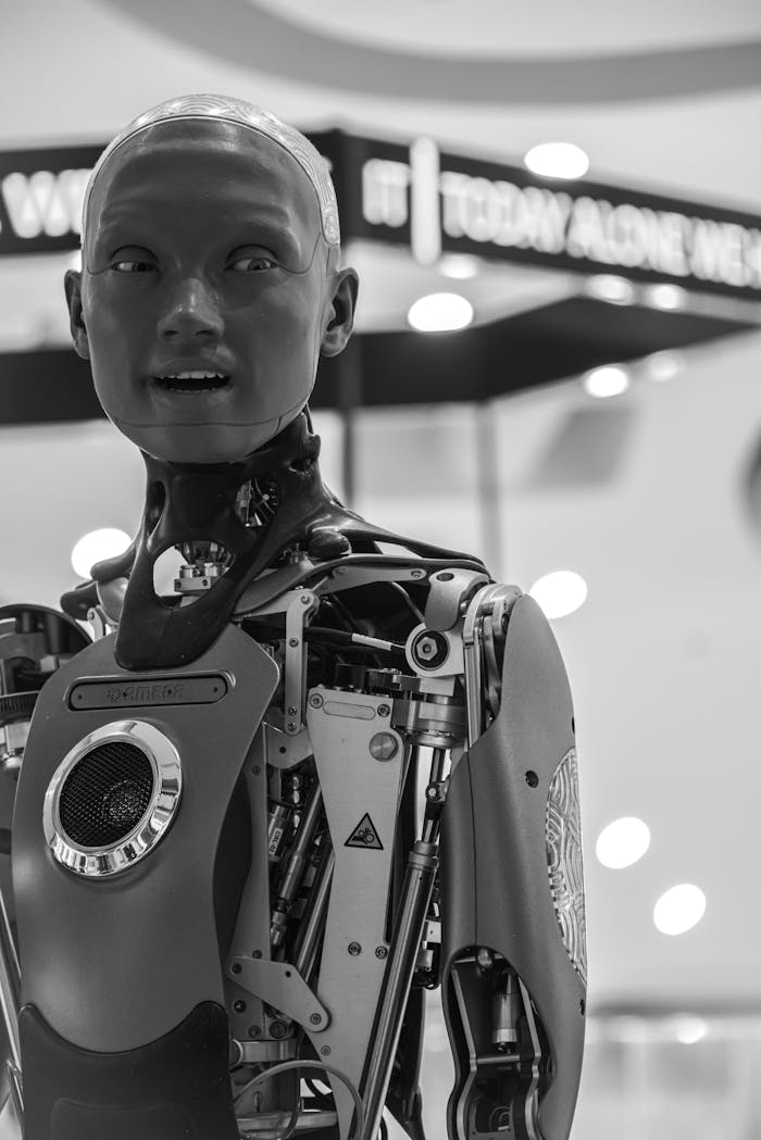 creative Detailed black and white image of an advanced humanoid robot with visible mechanical parts, set indoors.